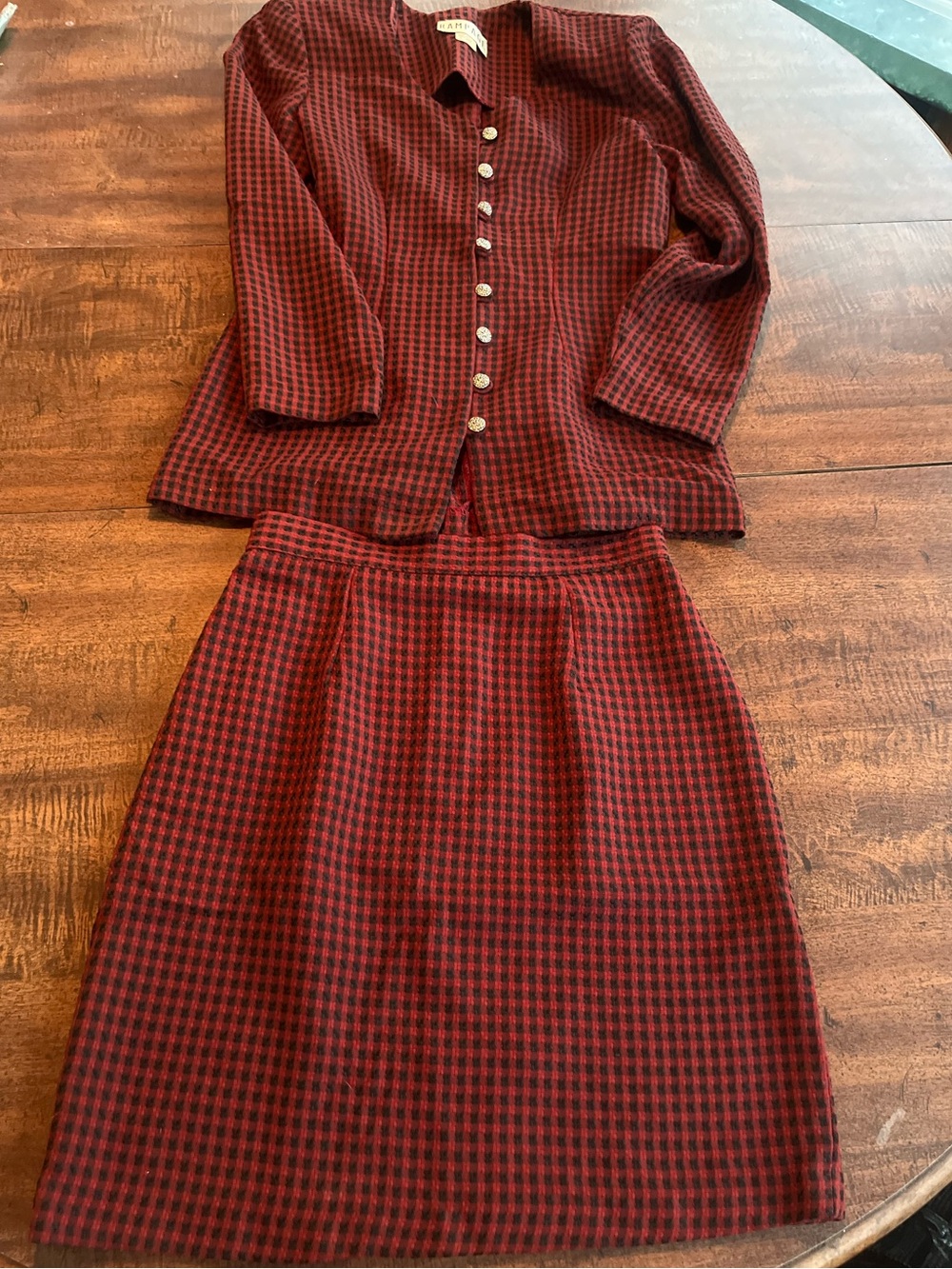 Vintage Rampage Houndstooth Suit Red Black Blazer Skirt USA Sz 7 Preppy Office
